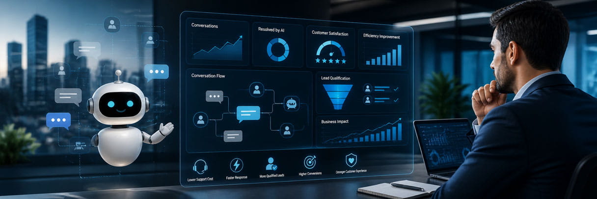 AI chatbot ROI dashboard showing customer support and business performance
