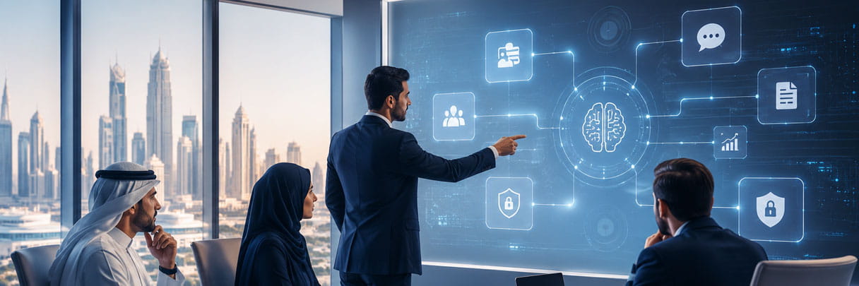 Business team reviewing an AI automation platform dashboard.